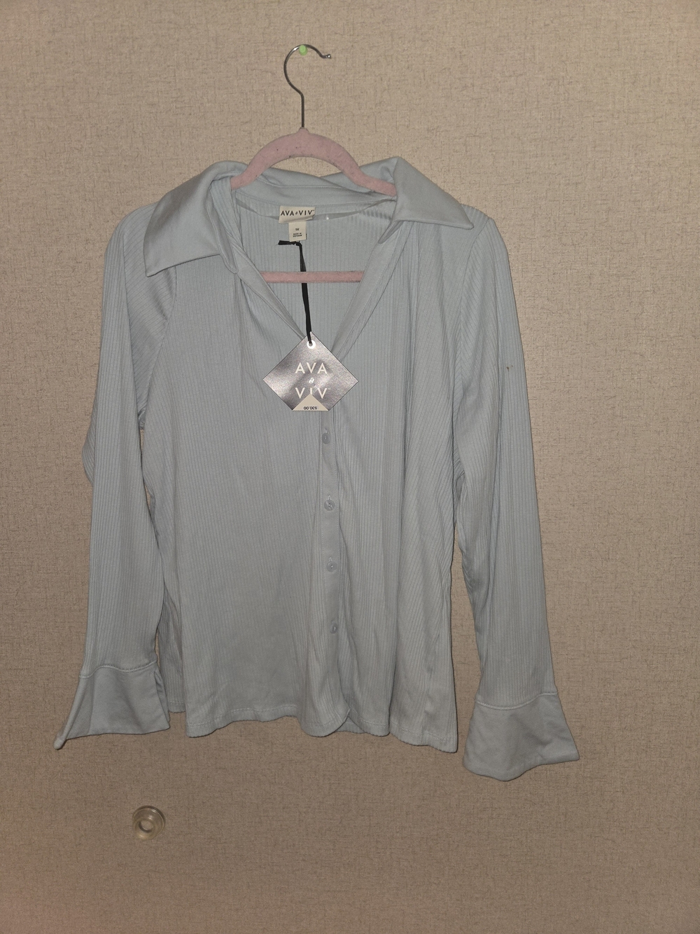 Ava & Viv Pale Blue Ribbed Button-Down Shirt with Flared Cuffs 1x